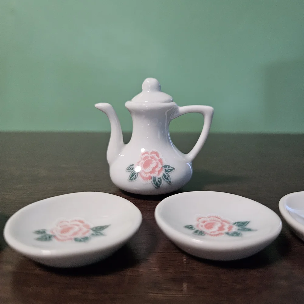 Pink Rose Miniature Porcelain‎ Teapot and Saucer Set